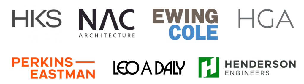 Logos of the following architecture firms: 
HKS, Inc.
Perkins Eastman
HGA
EwingCole
NAC Architecture
Henderson Engineers
Leo A Daly
